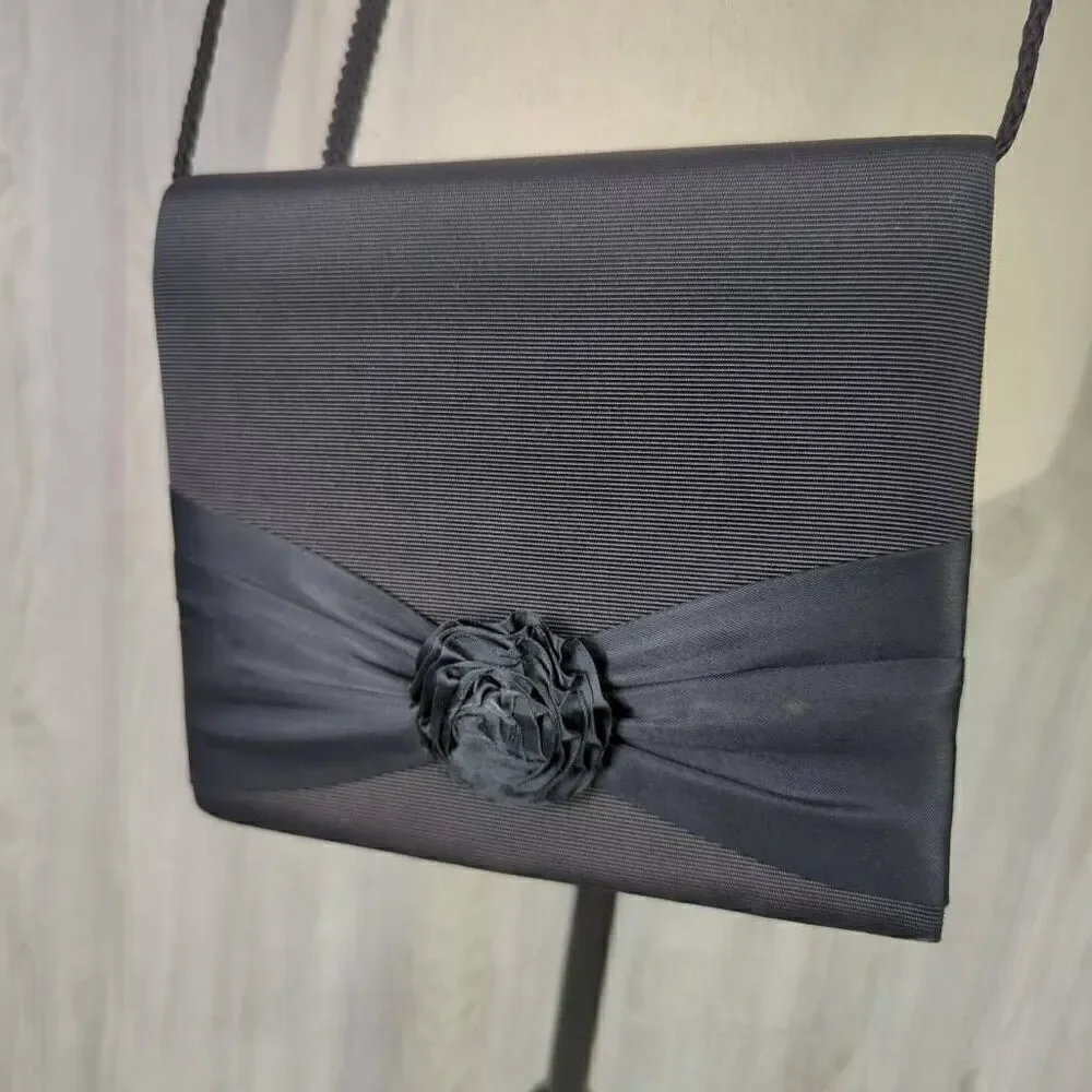 Carolyne Barton Night Crossbody Shoulder Purse Black Satin Flower Front Ribbon